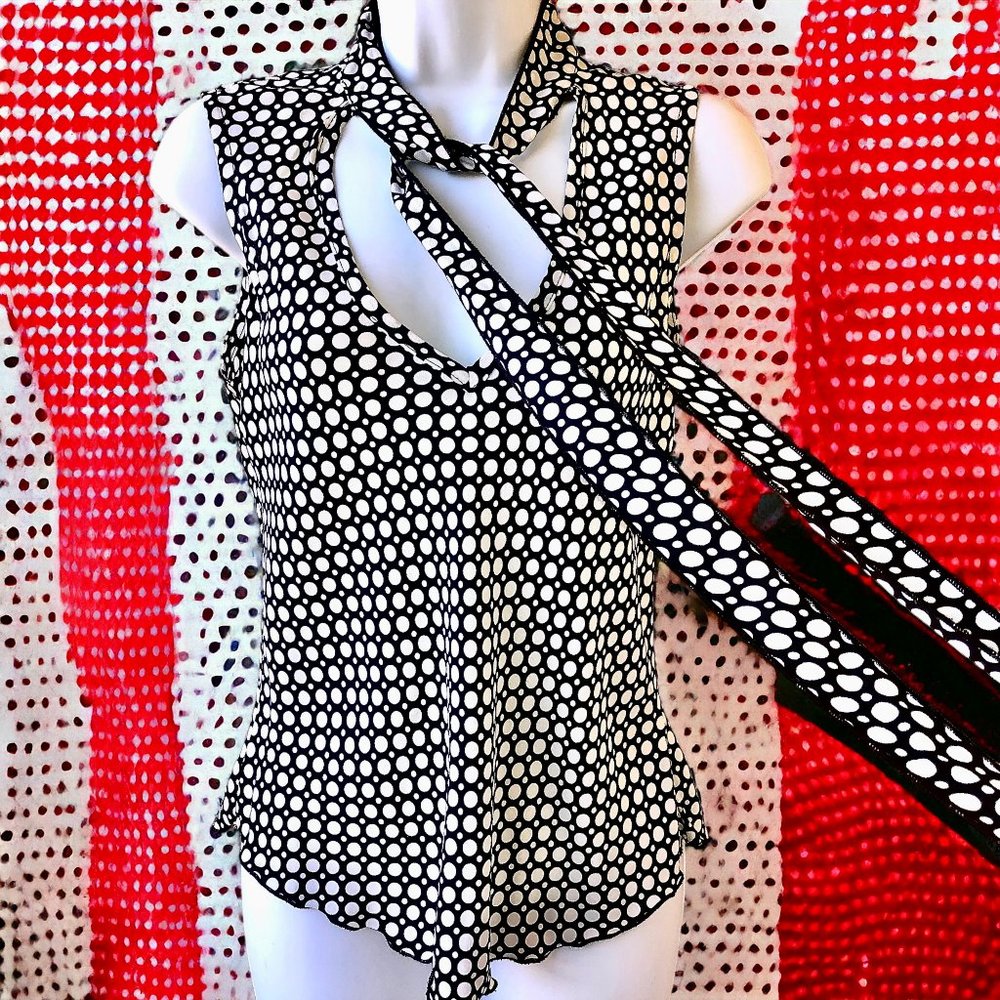 VTG Y2K Polka Dot Keyhole Halter Neck Tie Blouse Top 100% Rayon Medium USA Made
